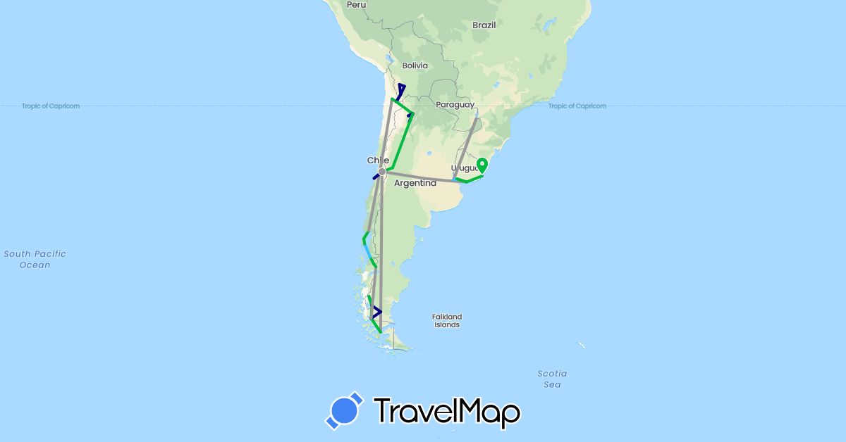TravelMap itinerary: driving, bus, plane, boat in Argentina, Bolivia, Chile, Uruguay (South America)